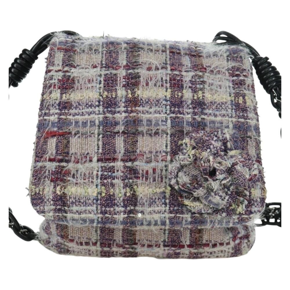 Chanel Tweed Chain Camelia Shoulder Bag Purple